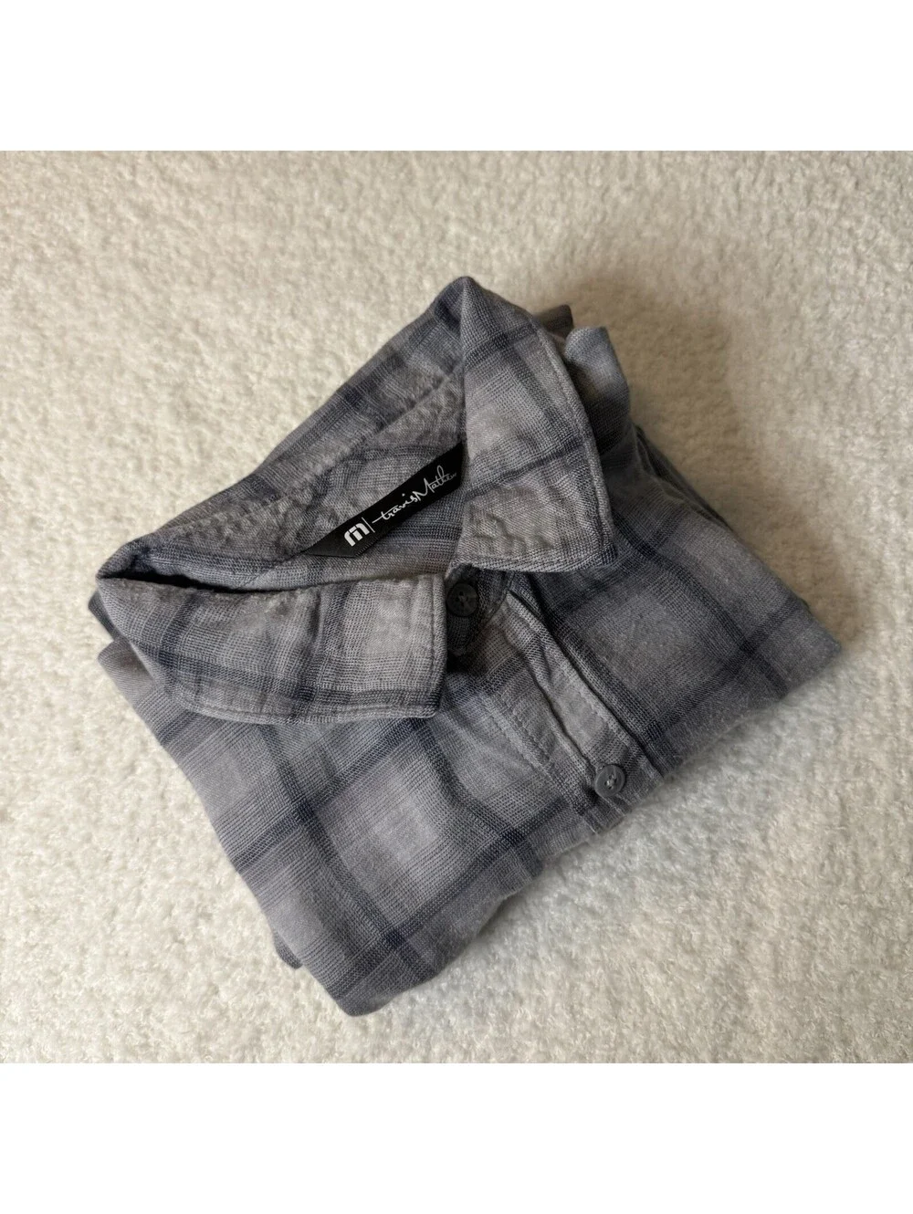 TravisMathew Gray Plaid Button Front Shirt Large Rayon Cotton Lightweight